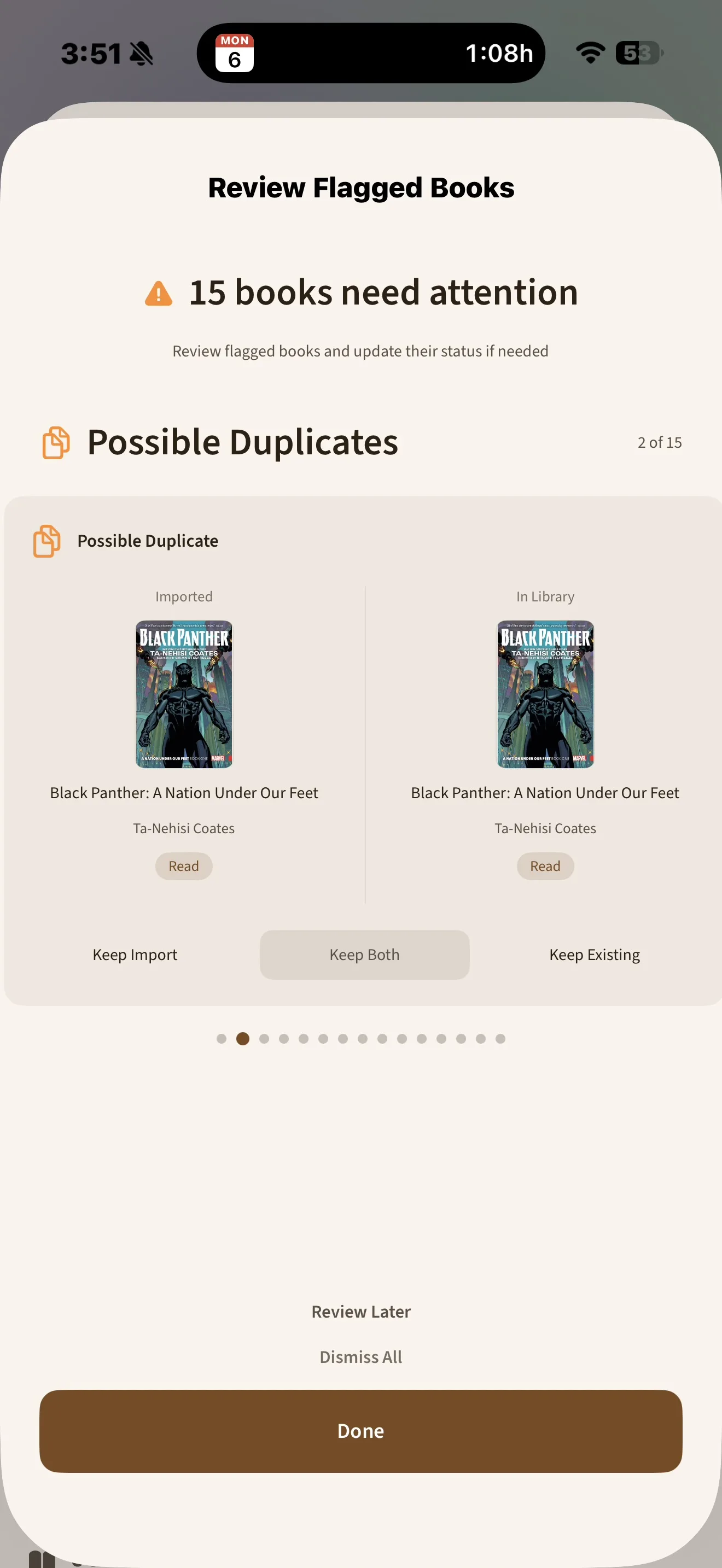 BookOwl duplicate review screen for imported books.