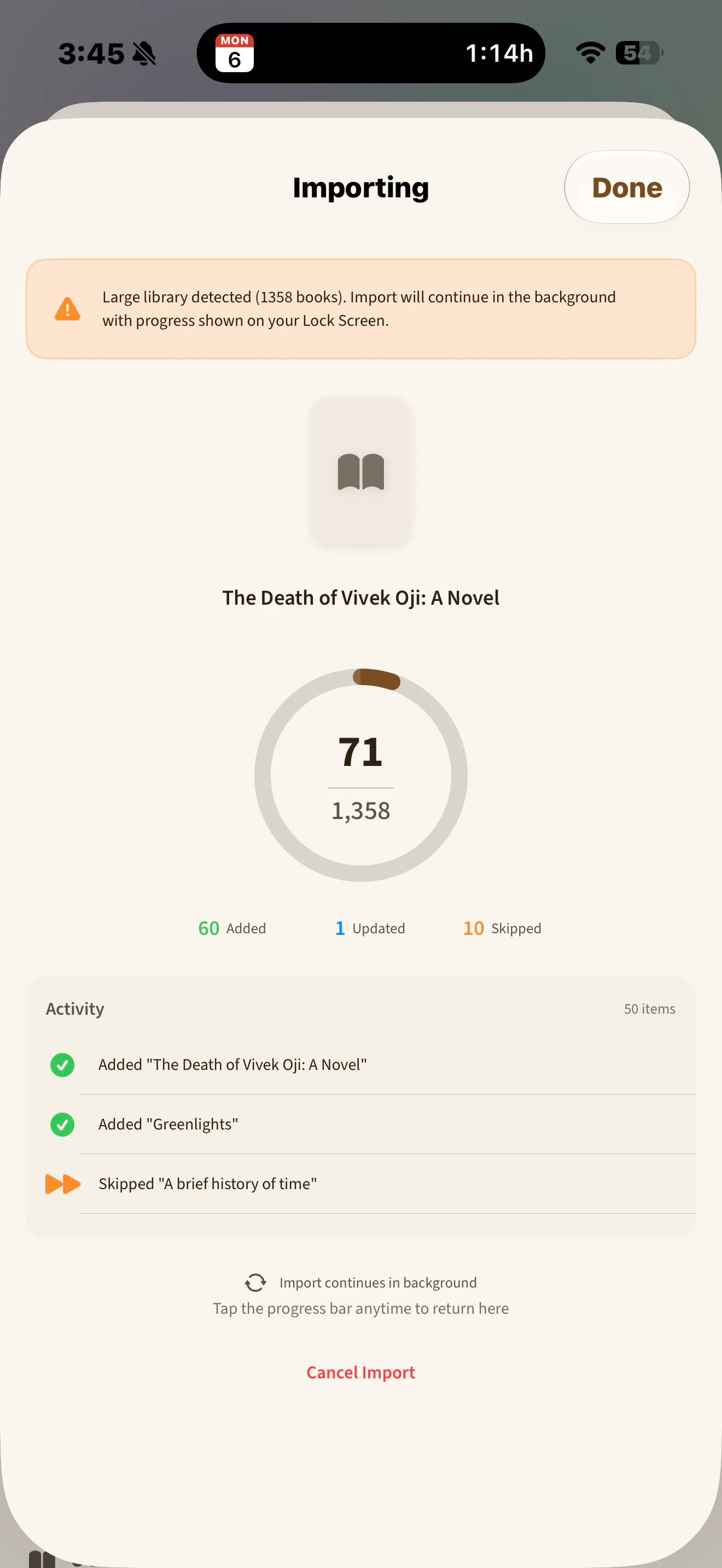 BookOwl Goodreads import progress screen.