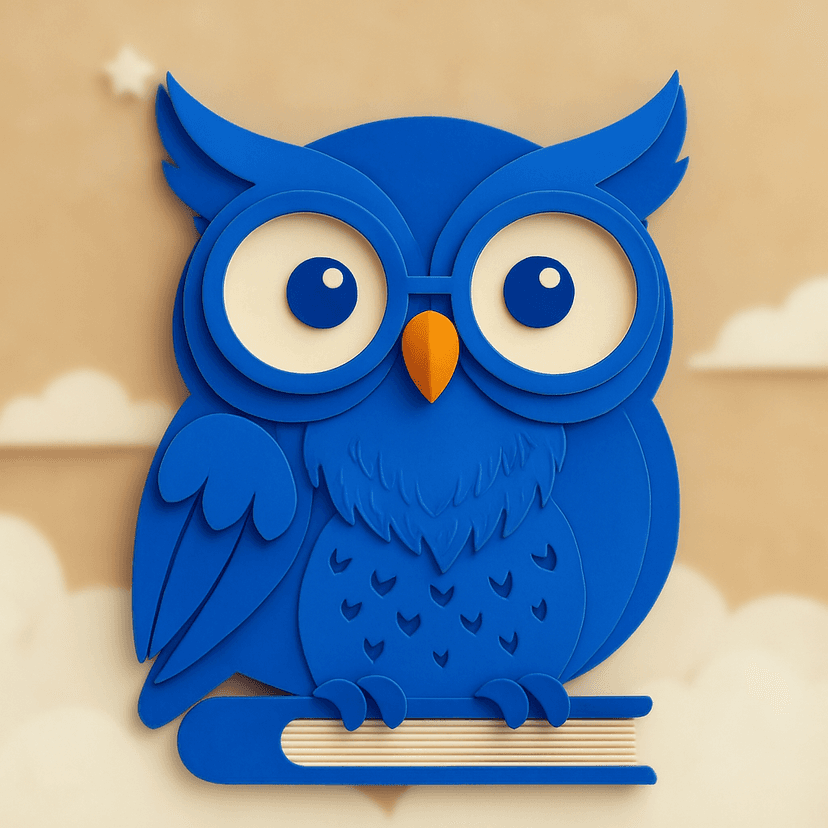 BookOwl mascot — a friendly blue owl
